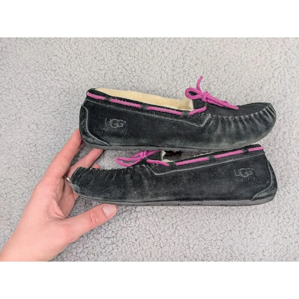 UGG Dakota Girls size 4 Sherpa Lined Black Suede Moccasin Slippers style 5296